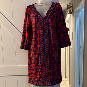 Elegant Red and Blue Long Sleeve Dress